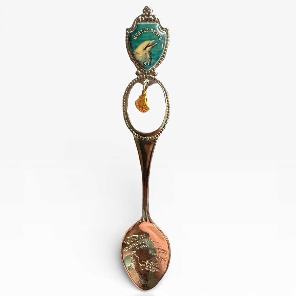 Vintage Myrtle Beach SC Souvenir Spoon Dolphin Enamel Shell Charm South Carolina
